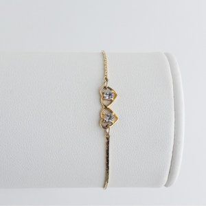 Dainty Double Heart Cubic Zirconia Bracelet CZ Charm Gold Tone Chain Vintage